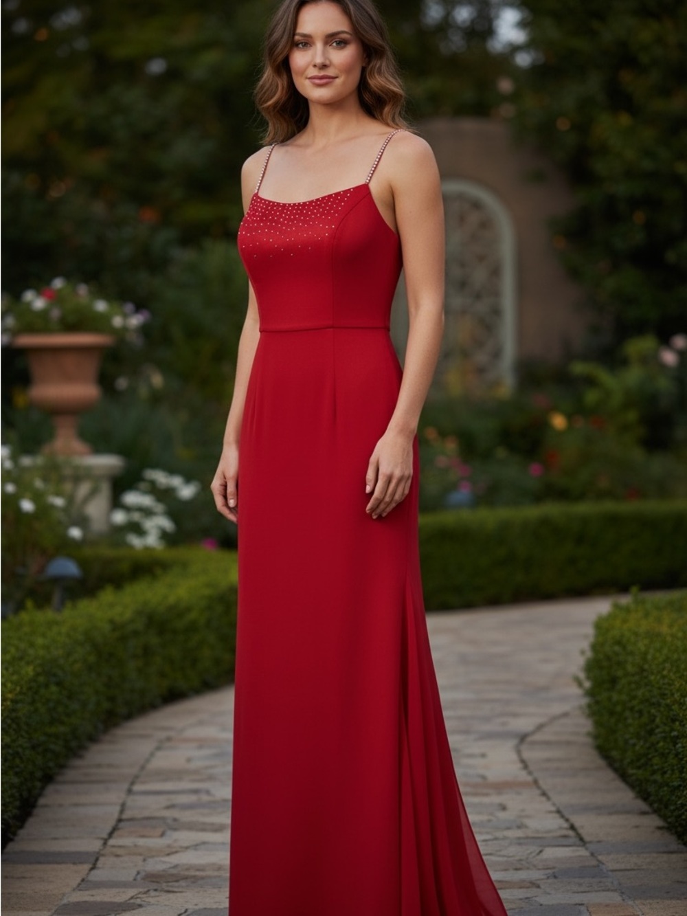 Panoply Red Spaghetti-Strap Maxi Gown with Beaded Bodice CRYSTALINA Swarovski